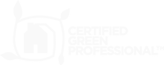 White logo of Certified Design Professional featuring a house silhouette intertwined with leaves, symbolizing eco-friendly design.